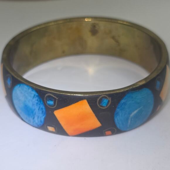 VTG MCM Atomic Cosmic 3/4” Brass Bangle BK OR & BL Bovine Bone Inlay SZ 8.75 - Picture 5 of 10